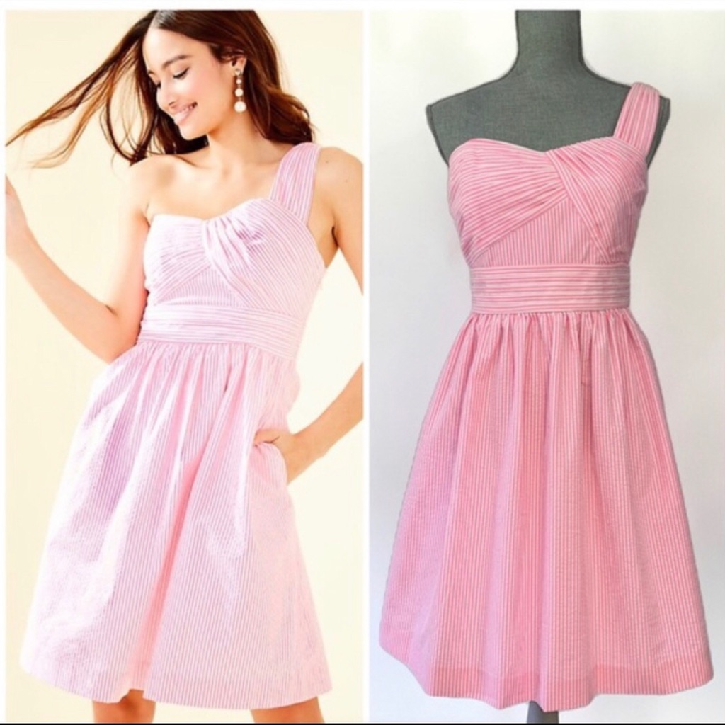 Lilly Pulitzer Pink Seersucker One-Shoulder Fit-And-Flare Dress